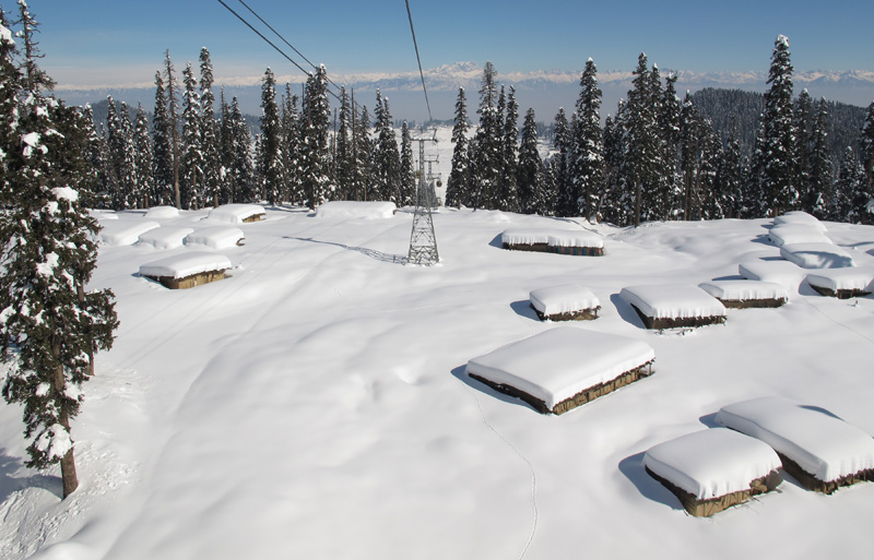 Gulmarg Gondola and skiers on the slopes of the Pir Panjal